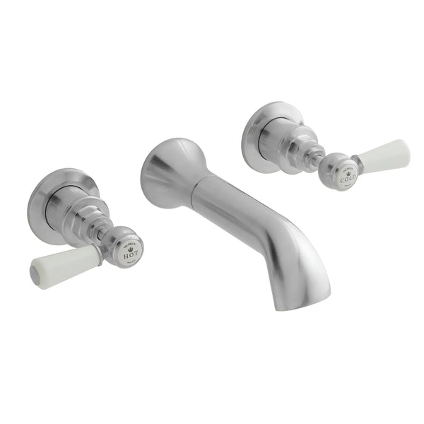 BC Designs Victrion Lever 3-Hole Wall Mounted Brass Bath Filler Tap with Spout, Brushed Chrome