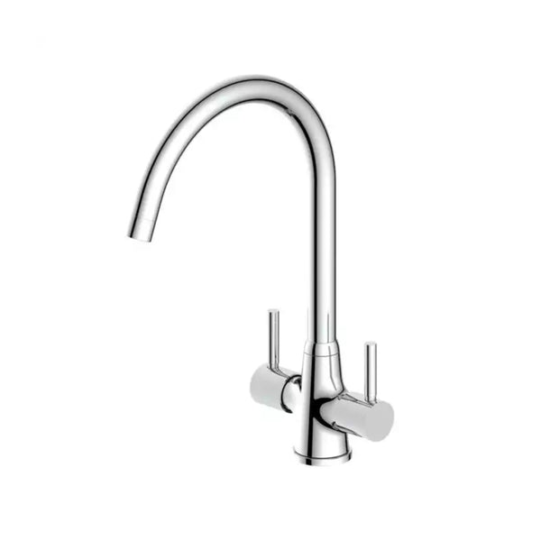 Reginox Stainless Steel Swan Neck Deck Mounted Dual Lever Kitchen Sink Tap, Chrome