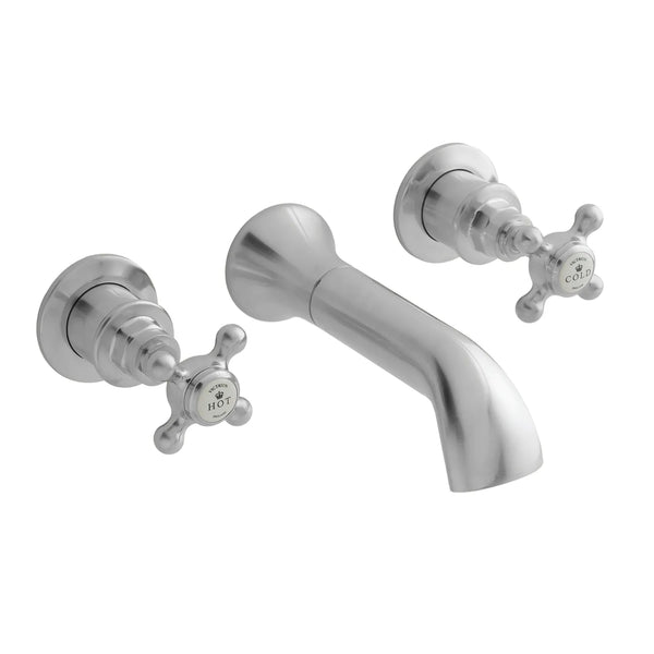 BC Designs Victrion Crosshead 3 Hole Wall Mounted Basin Filler Tap, Brushed Chrome Finish