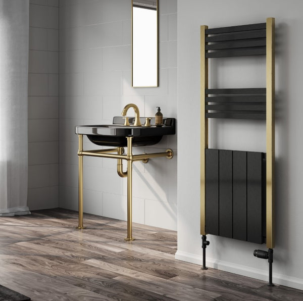 Reina York Vertical Gold/Black Aluminium Traditional Towel Rail Radiator