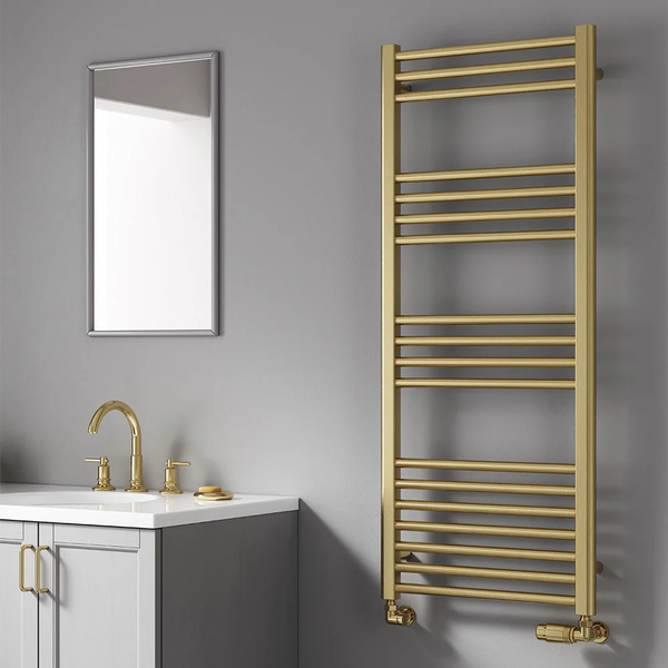 Reina Ottone Brushed Brass Steel Vertical Designer Heated Towel Rail Radiator